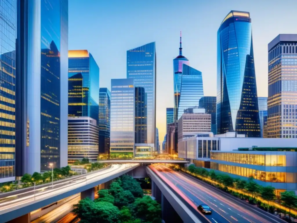 Vibrante paisaje urbano 8K: Impacto laboral y fiscal Un paisaje urbano moderno y dinámico que muestra la importancia del Sistema de Seguridad Social fiscal en la economía urbana vibrante