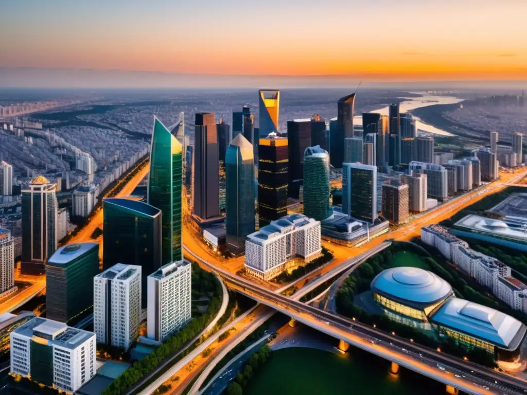 Atardecer urbano: modernos rascacielos y actividad vibrante Un paisaje urbano vibrante y dinámico con impacto reformas tributarias estrategia fiscal