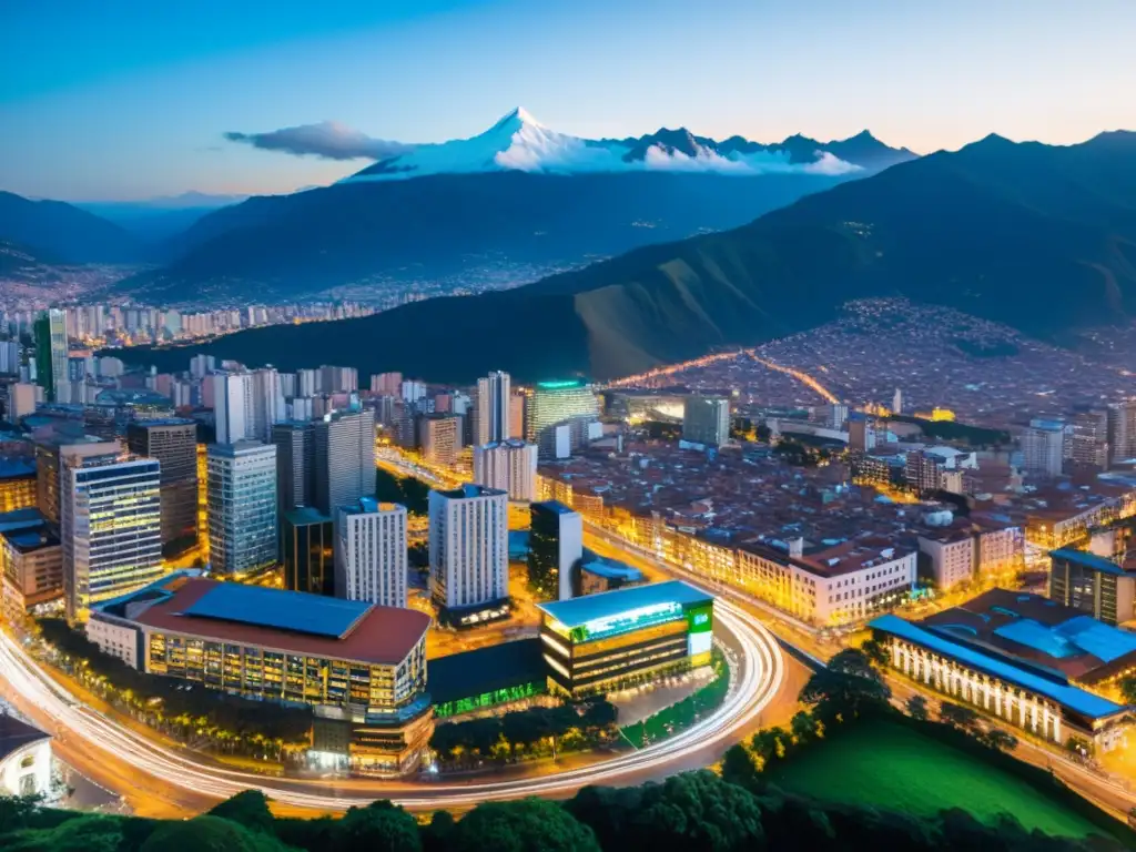 Bogotá, Colombia: Ciudad vibrante entre montañas Un paisaje urbano vibrante en Bogotá, Colombia, con rascacielos, tráfico y luces de ciudad