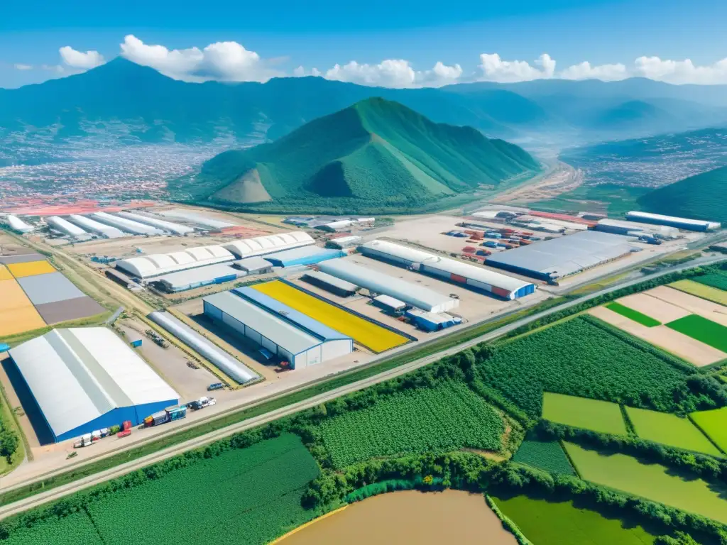 Zona franca en Colombia: Infraestructura y actividad económica Un panorama aéreo de una zona franca en Colombia, resaltando su activa actividad económica y ventajas fiscales