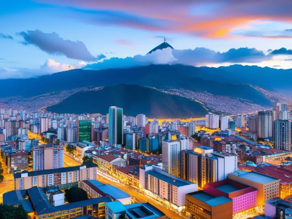Bogotá al atardecer: skyline moderno y dinámico Panorámica del atardecer en la ciudad de Bogotá, con rascacielos iluminados y los Andes al fondo