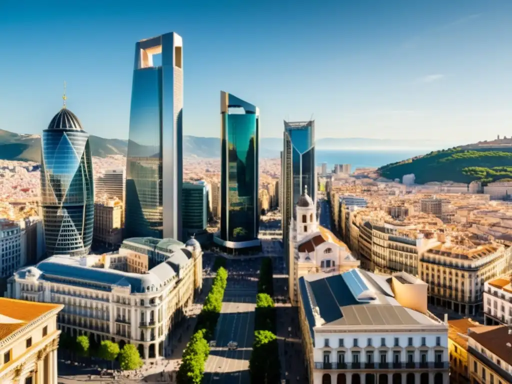 Distrito financiero de España: tradición y modernidad Panorámica de un bullicioso distrito financiero en España, con rascacielos modernos y arquitectura histórica