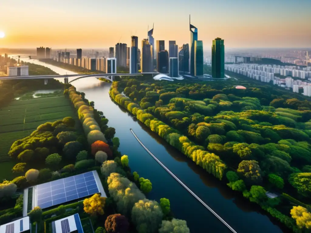 Horizonte urbano sostenible: ciudad moderna en armonía Panorámica de una ciudad moderna al atardecer, con rascacielos de vidrio reflejando la cálida luz dorada