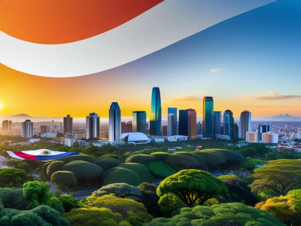 Horizonte urbano dorado: oportunidades de inversión en México Panorámica de la ciudad con rascacielos dorados al atardecer, ondean banderas mexicanas e internacionales