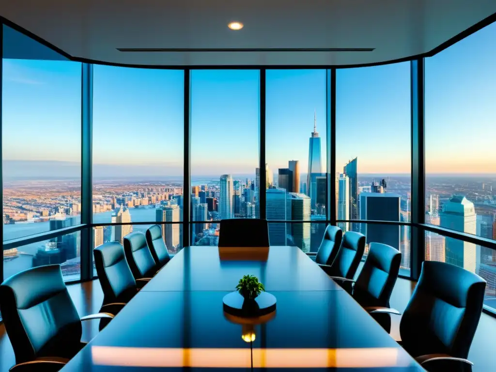Sala de juntas moderna con vista urbana Panorámica de una elegante sala de juntas con vista a la ciudad