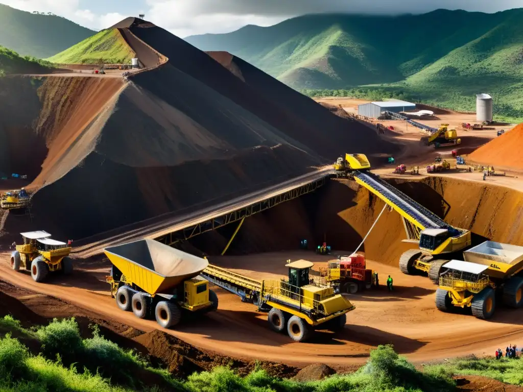 Minería colombiana: paisaje industrial vibrante Panorámica de mina colombiana con equipos industriales y trabajadores en plena extracción