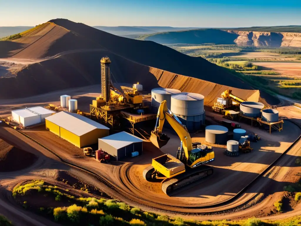 Minería industrial: Maquinaria en terreno natural Panorámica de una moderna y dinámica operación minera en un entorno natural, resaltando la coexistencia entre la industria y el paisaje