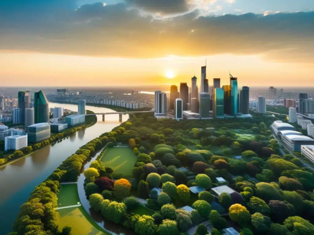 Atardecer dorado en la ciudad moderna: rascacielos, parques y río Panorámica de una próspera ciudad moderna con rascacielos de vidrio, parques verdes y ríos