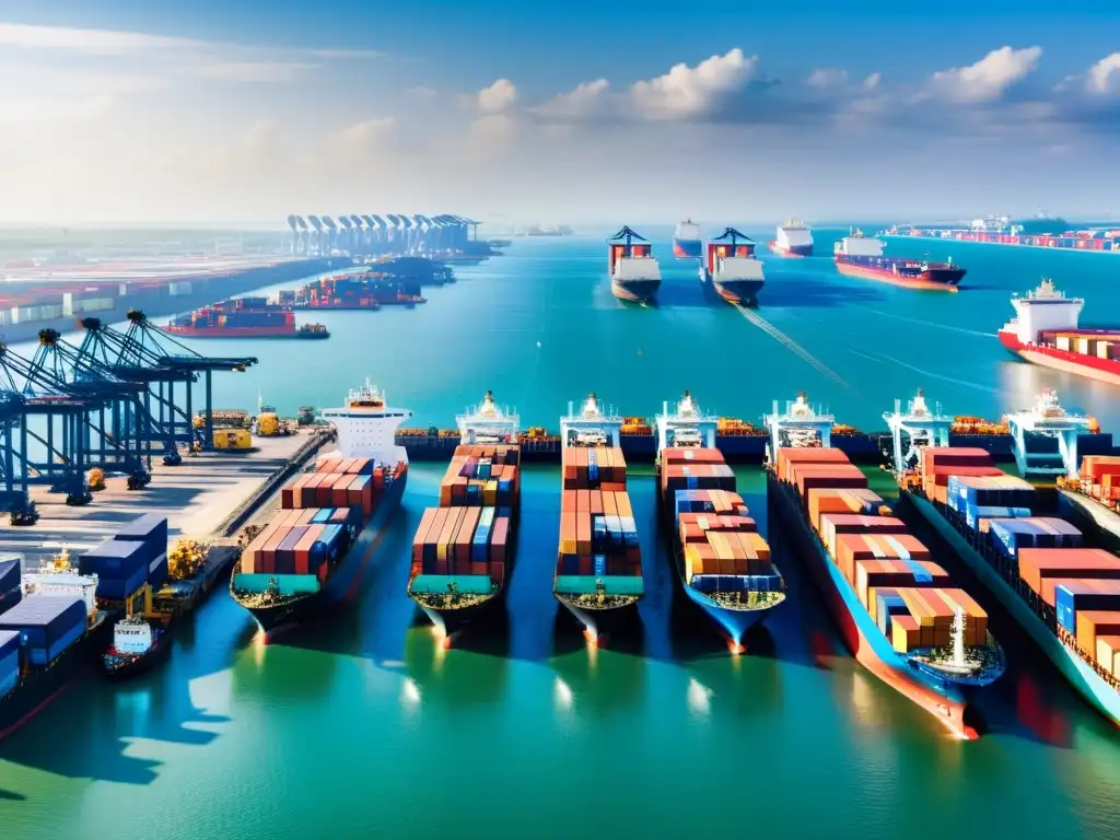 Impacto de impuestos ambientales en el comercio internacional de México Panorámica de un puerto internacional bullicioso, con barcos cargueros y trabajadores manejando bienes