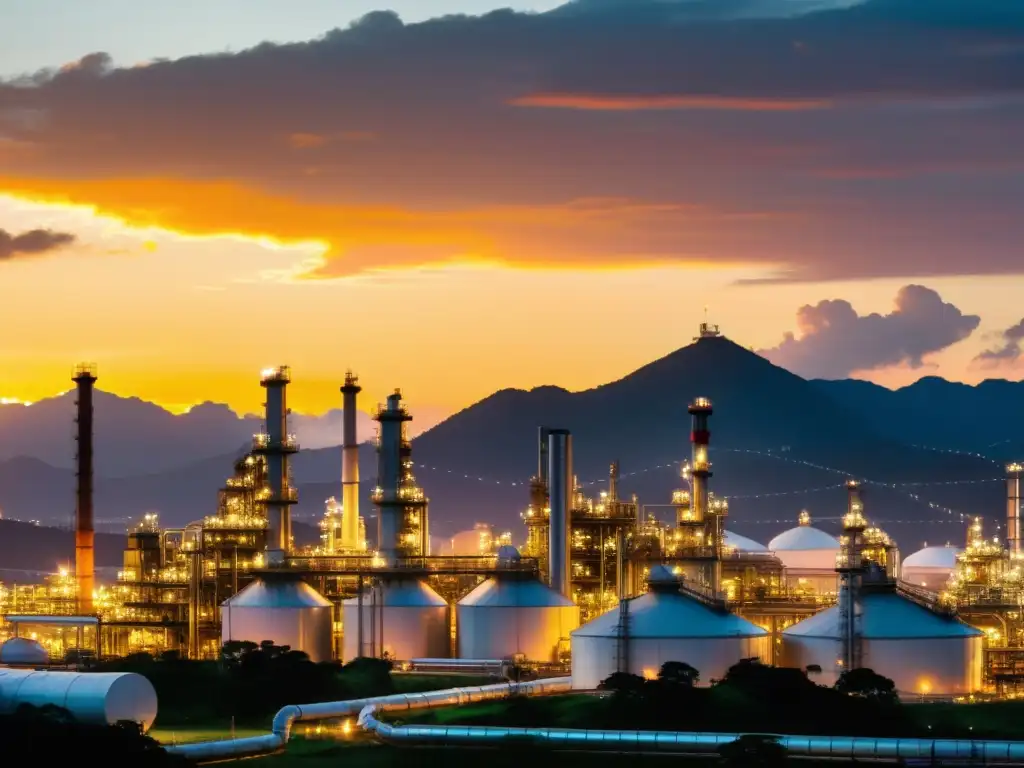 Refinería en Colombia: atardecer sobre la industria petrolera Panorámica de una refinería de petróleo en Colombia al atardecer, destacando la moderna infraestructura del sector hidrocarburos