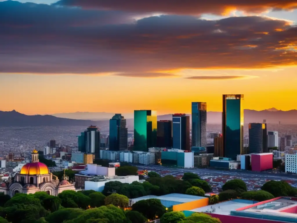Horizonte de Ciudad de México al atardecer: escenario vibrante para inversiones extranjeras Panorámica de alta resolución del atardecer en el horizonte de la Ciudad de México, destacando rascacielos modernos iluminados en un cielo colorido, ideal para inversiones extranjeras en México y planificar impuestos