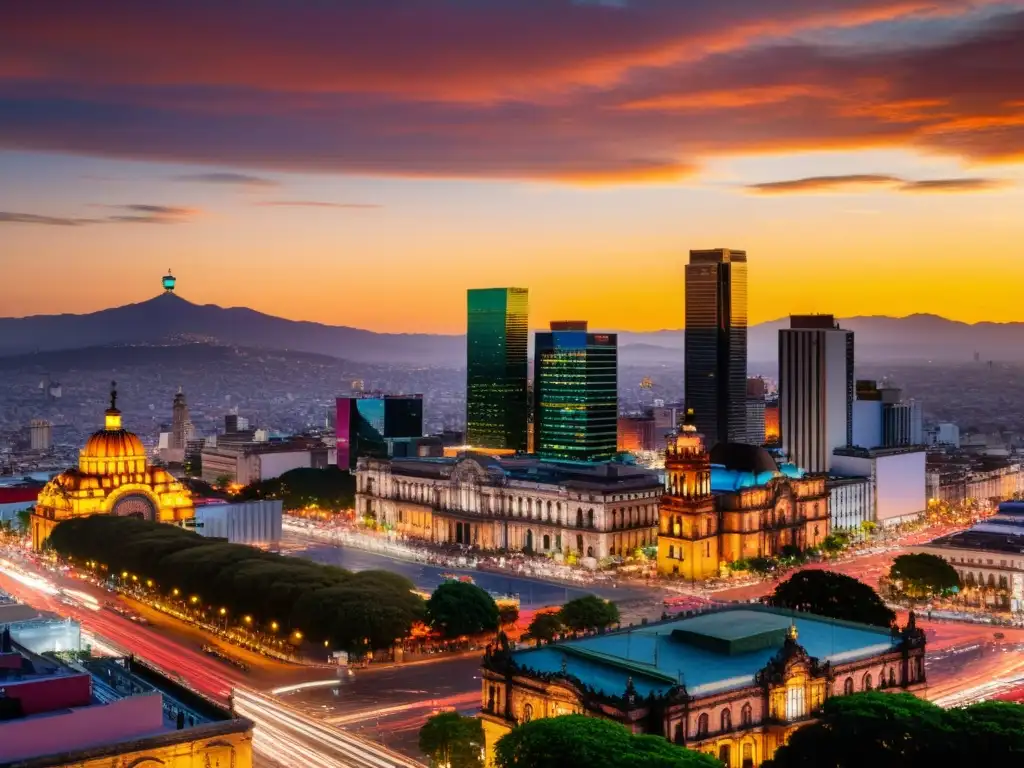 Horizonte de Ciudad de México al atardecer: Modernidad y Tradición Panorámica de la vibrante Ciudad de México al atardecer, con rascacielos modernos y monumentos iluminados