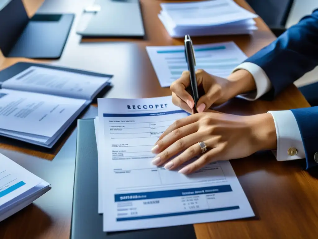 Organización meticulosa de documentos financieros en oficina moderna Un par de manos meticulosamente organizando y etiquetando documentos financieros en una oficina moderna