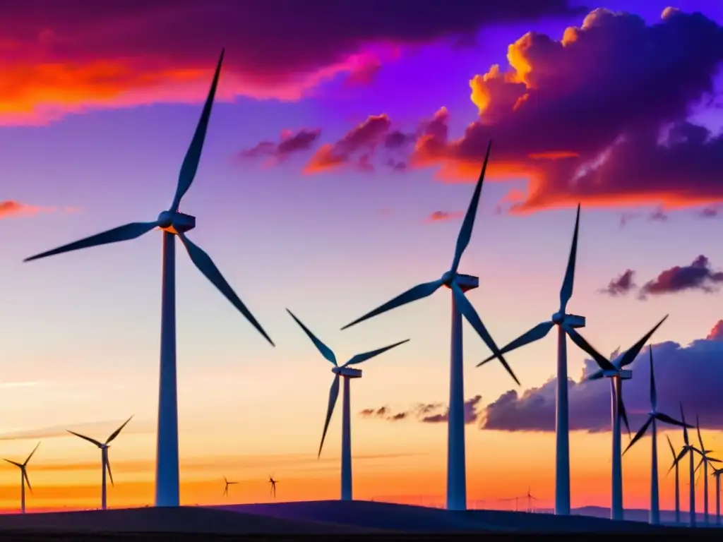 Wind Farm al Atardecer: Energía Renovable en Acción Un parque eólico moderno al atardecer, con turbinas altas en silueta contra un cielo vibrante de tonos cálidos