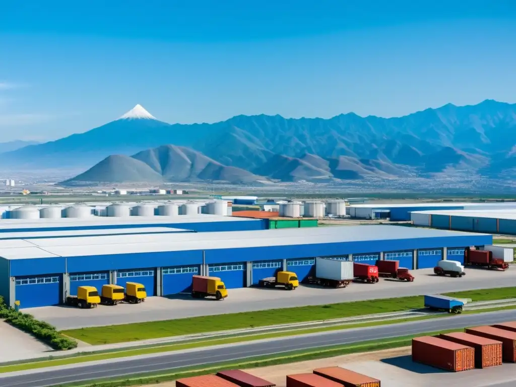 Zona franca en México: Parque industrial vibrante Un parque industrial dinámico en México, con modernas bodegas y fábricas bajo un cielo azul