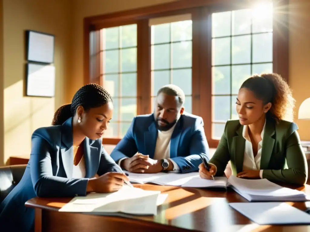 Emprendedores enfrentan retos fiscales Pequeños empresarios discuten documentos financieros bajo la luz del sol