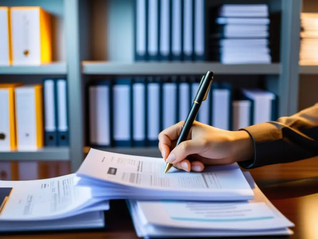 Preparación meticulosa para auditoría del IRS: organización y enfoque Una persona se prepara para una auditoría del IRS, organizando documentos financieros con meticulosidad en una oficina moderna y profesional