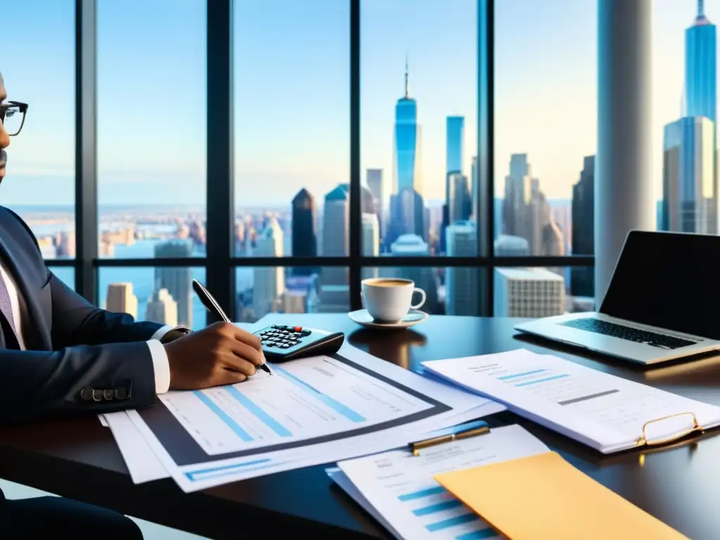 Oficina moderna para revisión de documentos financieros Persona preparando auditoría fiscal en oficina moderna con documentos financieros, laptop y calculadora, ambiente profesional y organizado