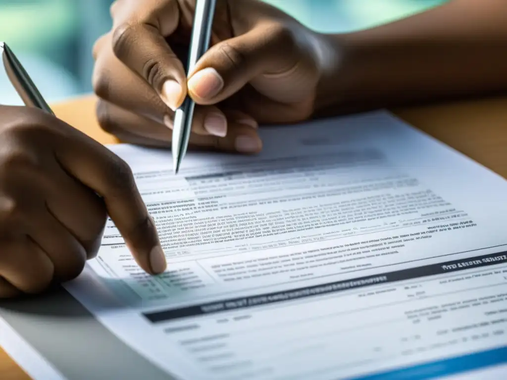 Concentración total: Revisando formulario fiscal con determinación Persona concentrada revisando un complejo formulario de impuestos estatales
