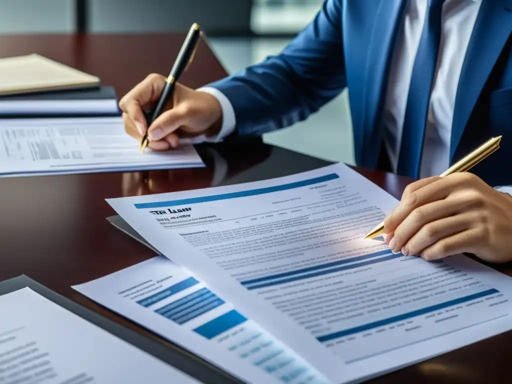 Experto analizando documento fiscal con precisión Persona concentrada examinando documento financiero con estética profesional