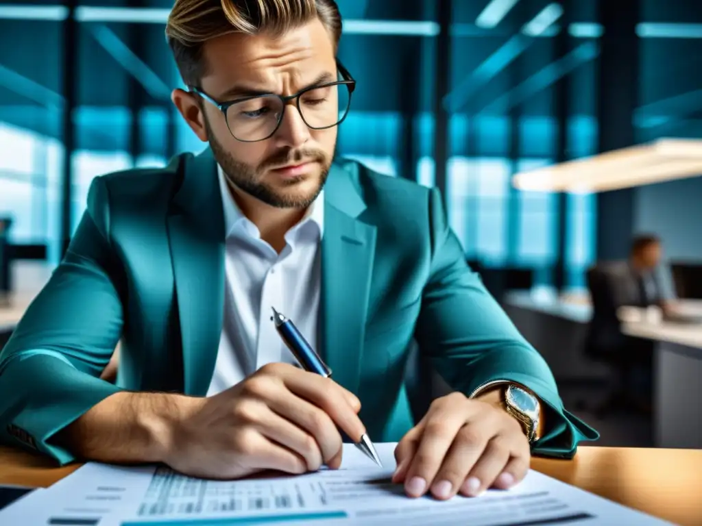 Examen de impuestos en ambiente profesional Persona concentrada revisando formulario fiscal en oficina moderna