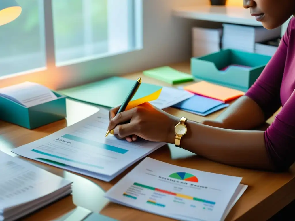 Organización financiera meticulosa en acción Una persona organiza documentos financieros coloridos en un escritorio moderno, evocando meticulosa planificación fiscal para auditorías tributarias