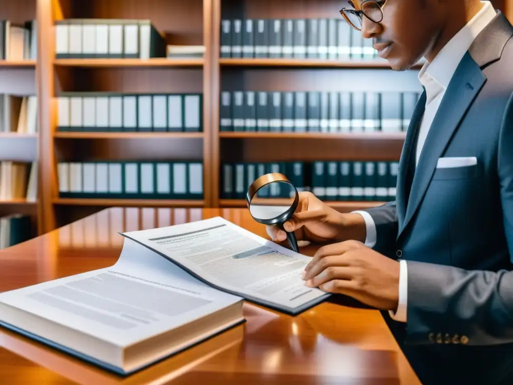 Examen minucioso de documentos financieros con lupa en escritorio elegante Persona revisando minuciosamente documentos financieros con lupa en una elegante oficina