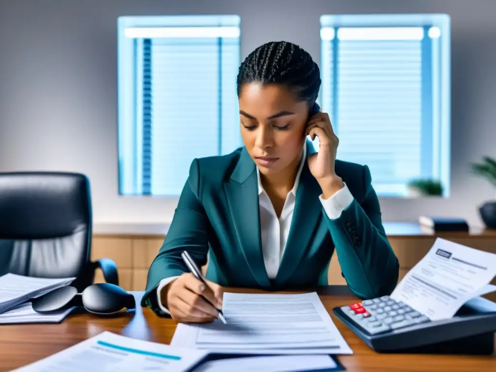 Profesional analizando leyes fiscales en su oficina Persona revisando documentos fiscales y leyes tributarias en un entorno profesional y moderno
