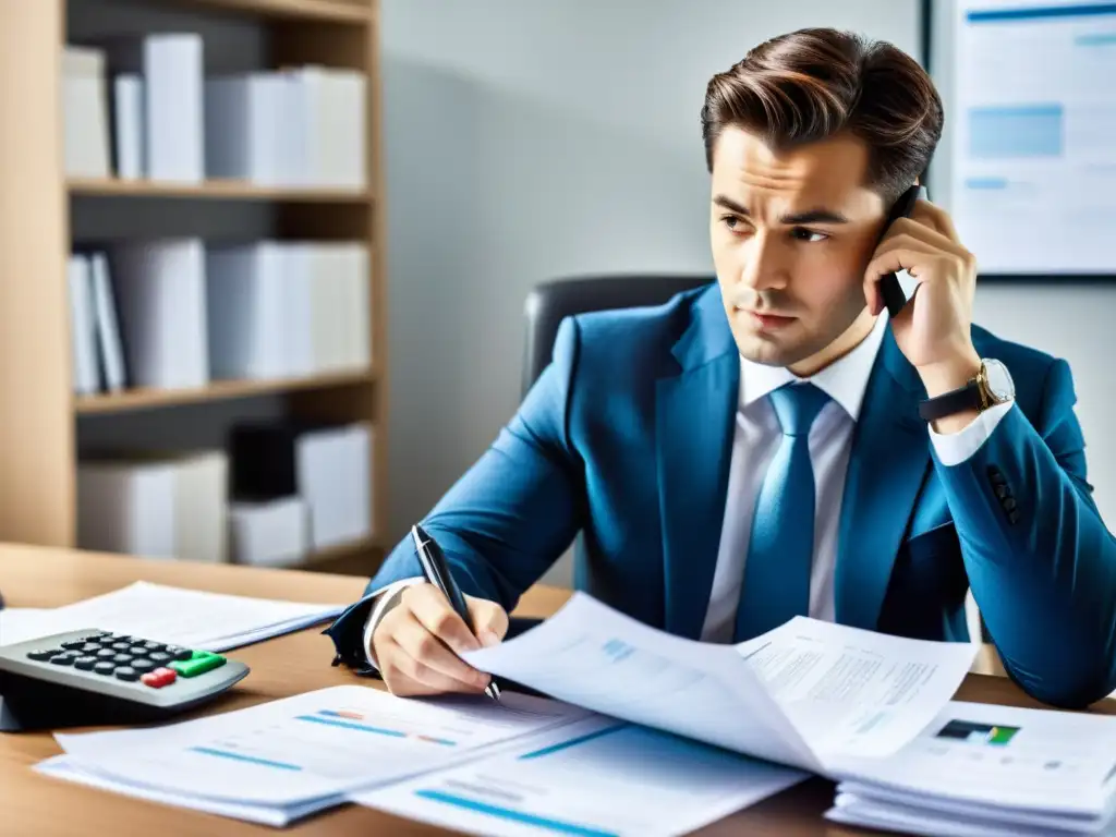 Profesional revisando documentos fiscales con atención Persona revisando documentos tributarios con concentración y profesionalismo