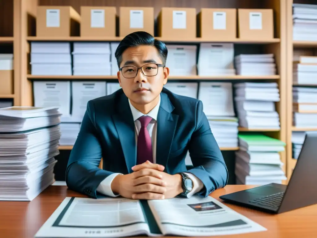 Profesional concentrado en la lectura de boletines fiscales Persona enfocada en derecho tributario fiscal, leyendo publicaciones en un escritorio moderno y bien organizado en una oficina contemporánea