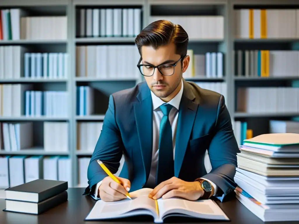 Profesional estudiando publicación fiscal Persona enfocada en estudio de publicaciones fiscales en oficina moderna
