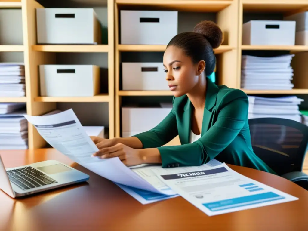 Profesionalidad en la declaración de impuestos con software especializado Persona enfocada usando software especializado para declaración de impuestos rodeada de formularios