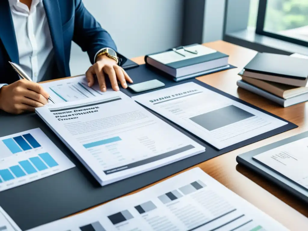 Planificación fiscal estratégica en ambiente profesional Persona analizando estrategia fiscal empresarial con publicaciones periódicas