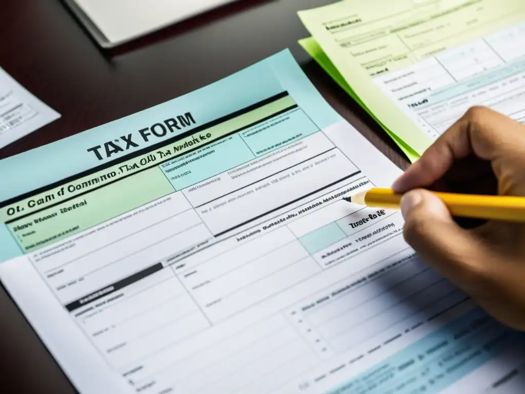 Errores fiscales: Ilustración detallada con auditor fiscal Persona llenando formularios de impuestos con errores resaltados, mientras un auditor fiscal observa