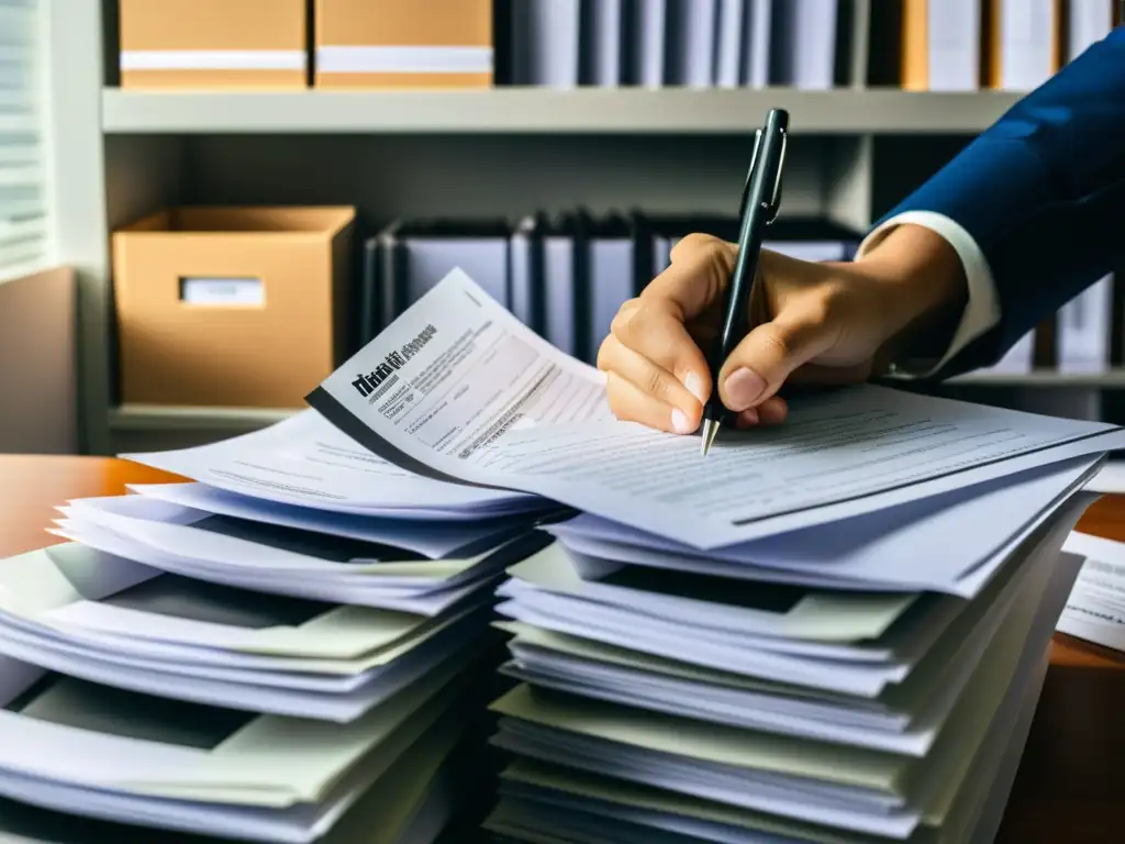 Experto en impuestos: Concentración y precisión en oficina moderna Persona revisando detalladamente formularios de impuestos estatales en un ambiente profesional y ordenado