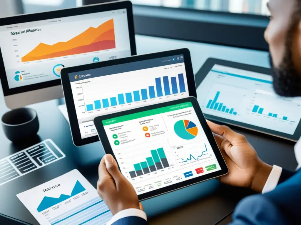 Análisis tributario y comercio digital: profesionalidad y modernidad Persona profesional analizando impuestos en la era digital con tablet y gráficos financieros en un ambiente moderno y serio