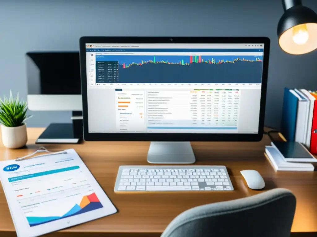 Oficina moderna con software de gestión fiscal y documentos Brexit Persona profesional revisando software tributario en oficina moderna con documentos y gráficos relacionados al Brexit