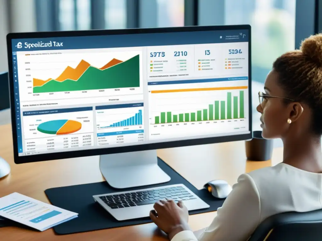 Profesional usando software de impuestos de vanguardia Persona usando software especializado para declaración de impuestos en una computadora moderna, con datos financieros y gráficos