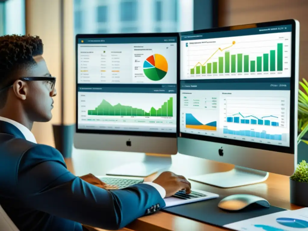 Experto en impuestos: Software de gestión eficiente Persona usando software especializado para declaración de impuestos, con interfaz limpia y organizada, mostrando datos financieros y gráficos