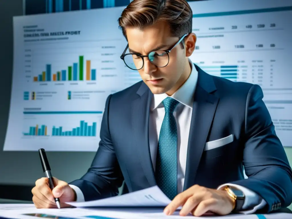 Experto financiero analizando informe fiscal 2023 Persona con traje de negocios examina informe financiero con lupa