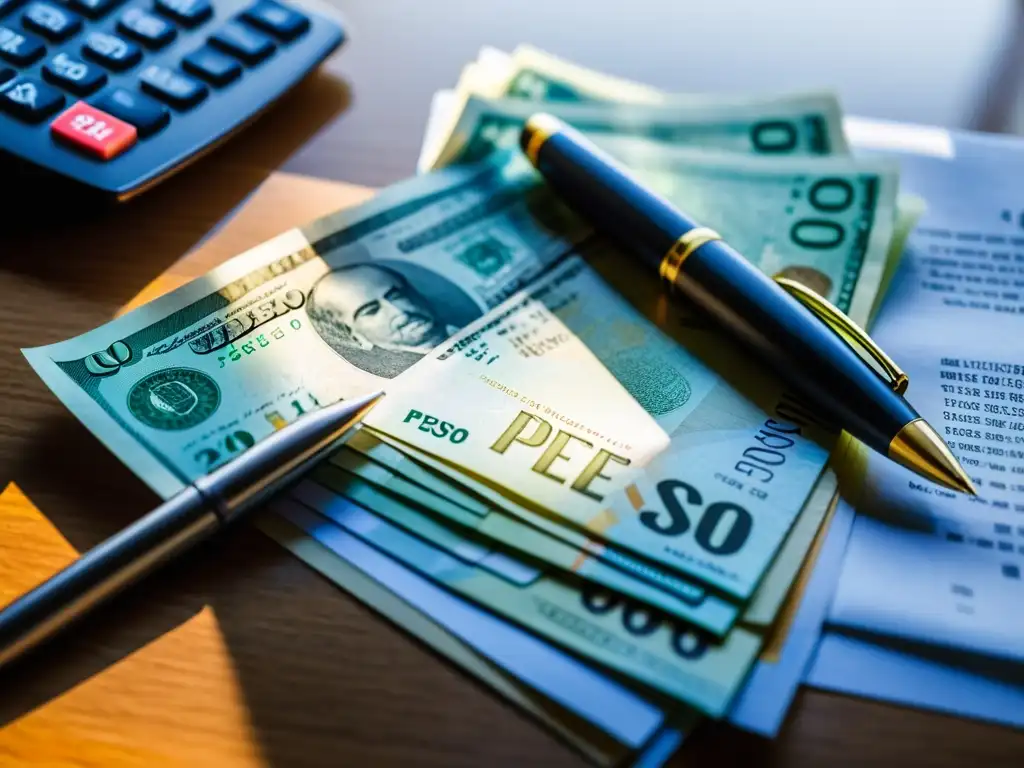 Efectiva gestión fiscal: pesos y recibos en escritorio Una pila de billetes y recibos mexicanos organizados en un escritorio, con una calculadora y un bolígrafo al lado
