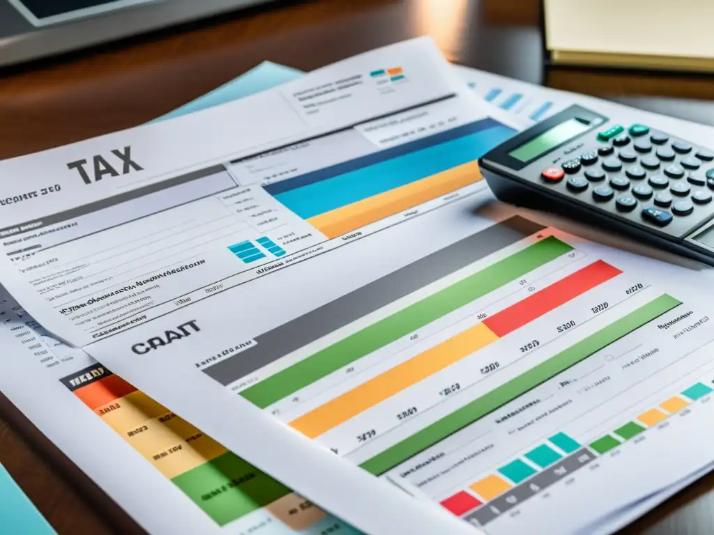 Análisis detallado de documentos financieros para Freelance 360 Una pila de documentos fiscales y estados financieros meticulosamente organizados en un escritorio moderno, con gráficos y tablas