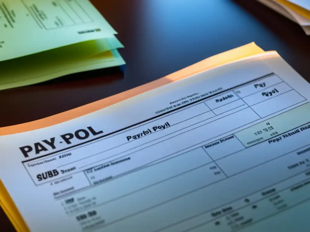 Detalle profesional de nóminas y formularios fiscales Una pila de documentos de nómina y reportes fiscales en un escritorio iluminado de forma natural