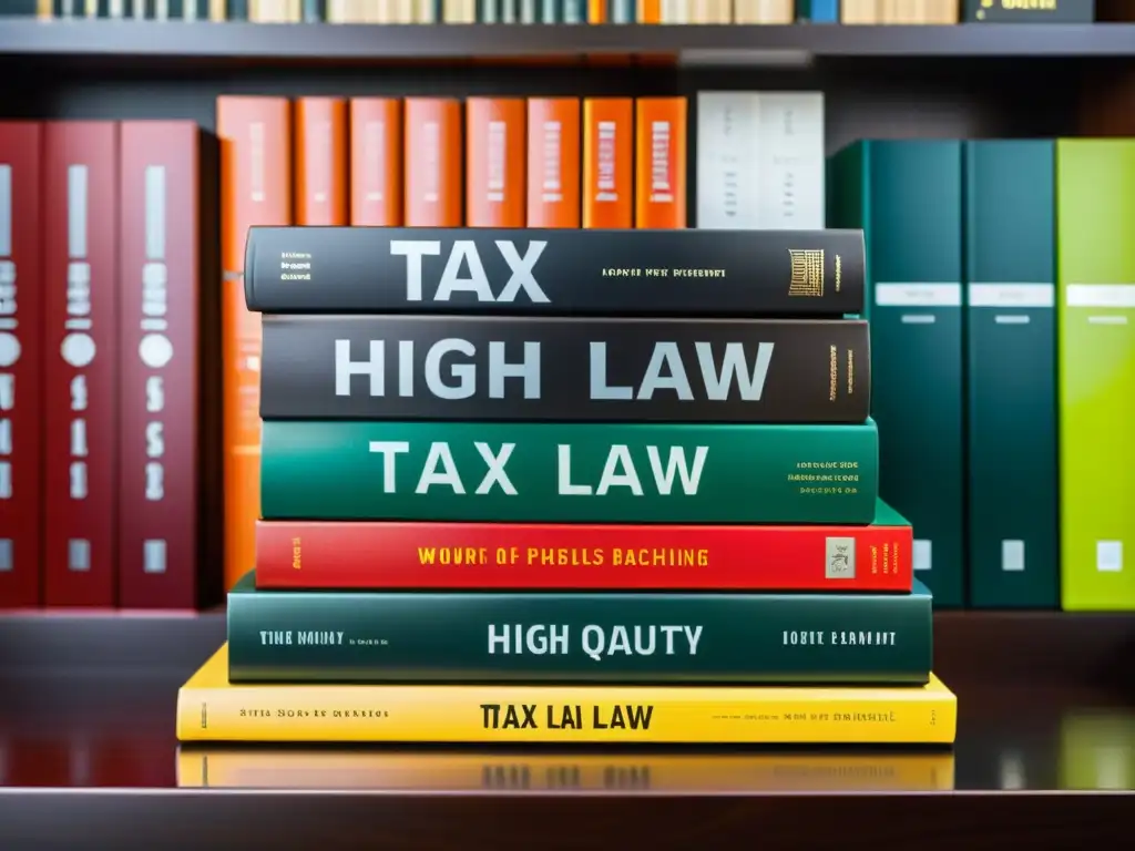Stack de libros de leyes fiscales: autoridad y modernidad Una pila de libros de leyes fiscales de alta calidad en un escritorio moderno, resaltando la importancia de publicaciones especializadas fiscales