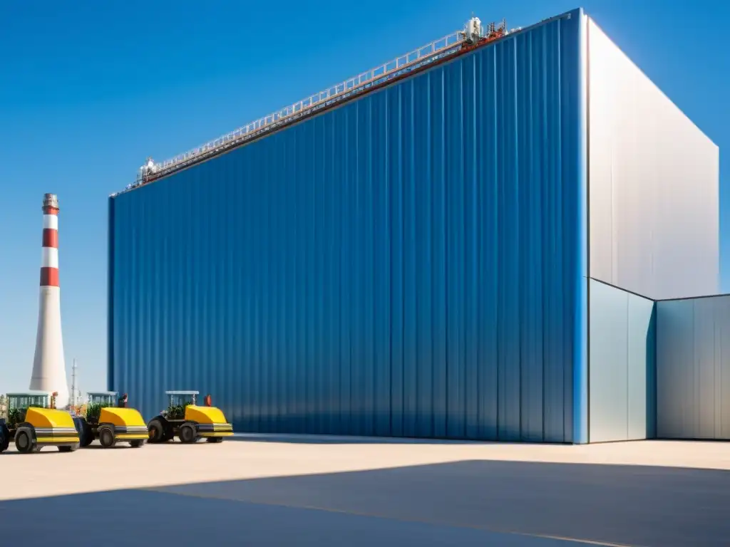 Planta eléctrica moderna: innovación eficiente Una planta eléctrica moderna destaca contra un cielo azul claro, transmitiendo innovación y eficiencia en la industria eléctrica