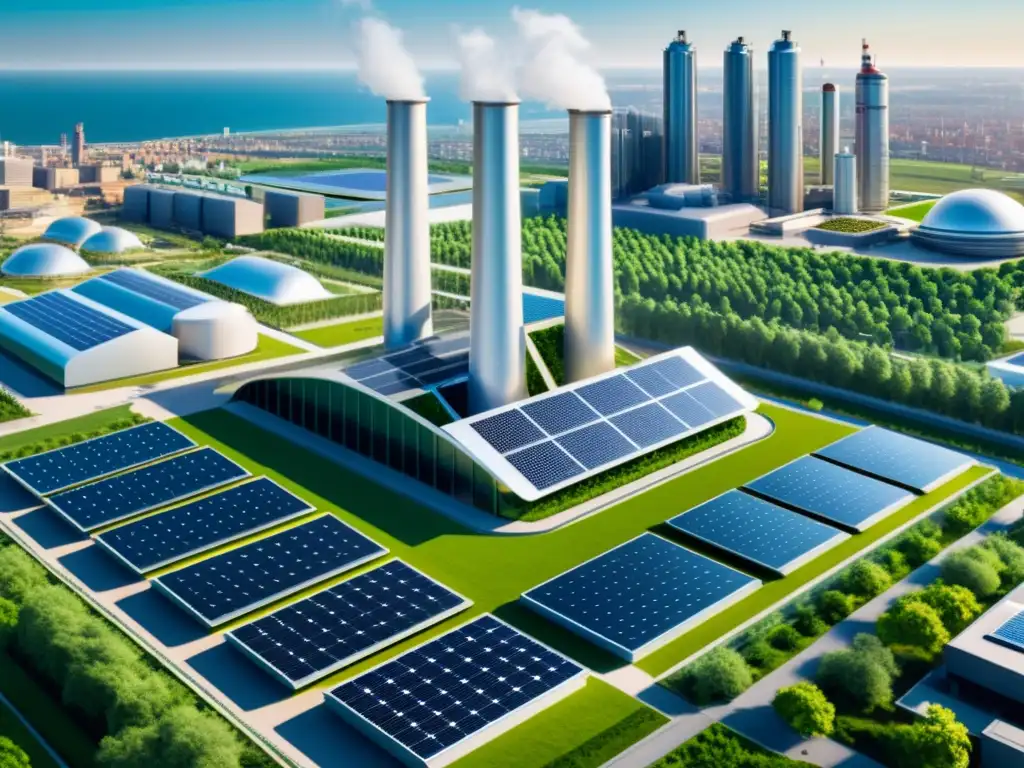 Planta de energía futurista en la ciudad Una planta de energía futurista y eficiente, integrada en la ciudad, con paneles solares y turbinas eólicas
