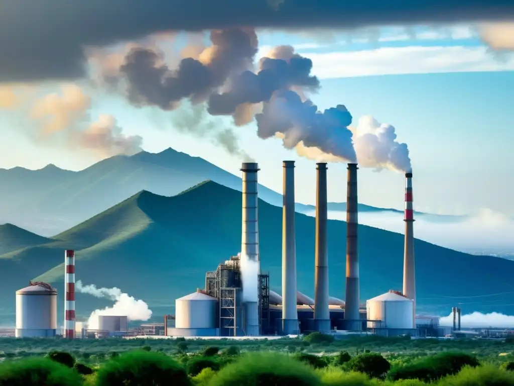 Planta industrial en paisaje mexicano Planta industrial moderna contrasta con paisaje mexicano, reflejando derechos fiscales en industria eléctrica