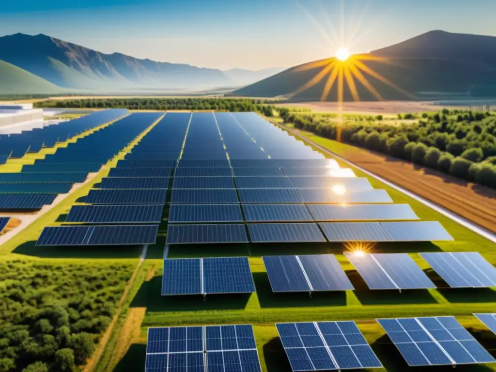 Planta solar moderna: tecnología y eficiencia Una planta solar moderna en un paisaje escénico, con paneles solares brillando bajo el sol