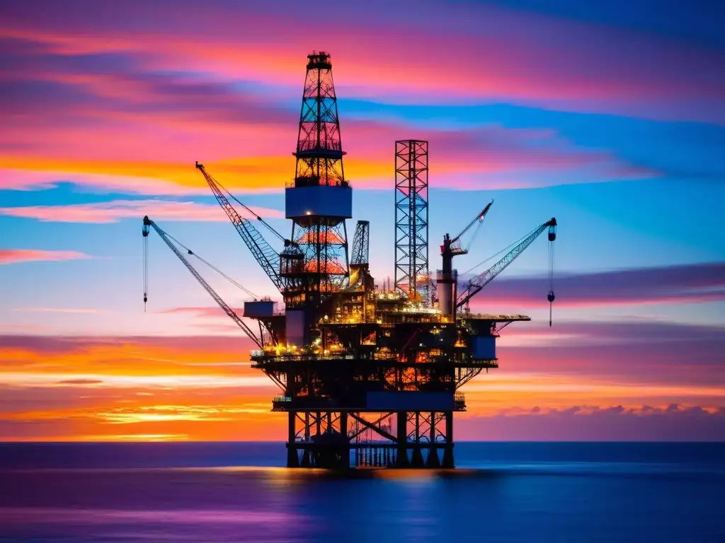 Plataforma petrolera al atardecer: belleza industrial y vastedad marina Plataforma petrolera en el mar al atardecer, reflejando tonos anaranjados y rosados