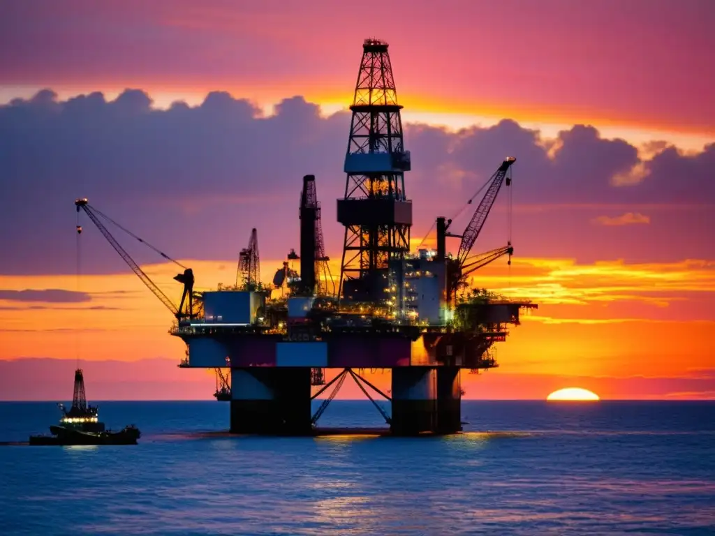 Plataforma petrolera al atardecer: belleza industrial en alta mar Plataforma petrolera en el mar al atardecer, destacando la reforma energética fiscal petróleo gas